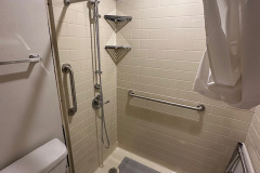 Accessible bathroom remodel in Mattoon, Illinois featuring a low-threshold walk-in shower with white subway tile, stainless steel grab bars, a handheld showerhead, corner shelving, a fold-down shower seat, and a non-slip shower mat designed to improve safety and accessibility.