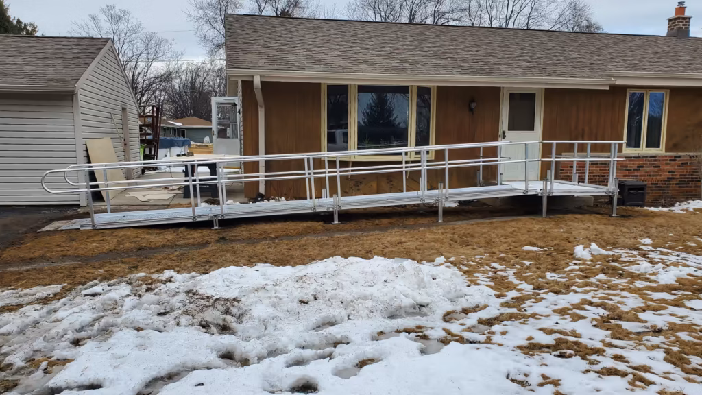 Aluminum residential ramp with snow in background