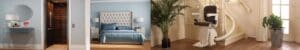 A collage of accessible home features including an elegant entryway, a bedroom with a tufted headboard, a residential elevator, and a stairlift on curved stairs surrounded by modern decor and plants.