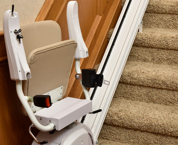 Bruno Stairlift in Kenosha, WI at the bottom of stairs with seat up