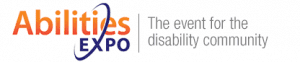 Logo for Abilities Expo, with the tagline “The event for the disability community.” The word Abilities is in orange gradient text, EXPO in blue, with a swoosh design encircling the words.