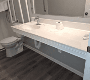 A bathroom with a white sink and countertop, a faucet, a roll of toilet paper, and a towel on the counter. There is a toilet next to the counter and dark wood-style flooring. A large mirror is above the sink.