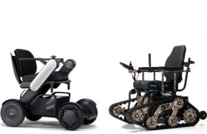 Two modern electric wheelchairs: one with a sleek, compact design and large wheels, and the other with a rugged, camouflage pattern and tank-like treads, both shown against a white background.