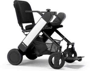 A modern, lightweight electric wheelchair with a foldable frame, large rear wheels, smaller front wheels, armrests, a mesh storage basket underneath, and a minimalist black and white design.