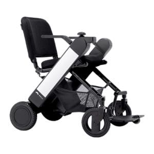 A lightweight, black folding electric wheelchair with armrests, a mesh seat, a small storage basket underneath, and four wheels.
