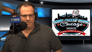 A man wearing headphones speaks into a microphone labeled WGN Radio 720. Behind him is a screen displaying the Home Sweet Home Chicago show logo and broadcast time: Saturdays 10am-1pm on WGN Radio.