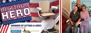 Promotional banner for “Lifting a Hero” contest shows a stairlift over a U.S. flag background, with an elderly man seated on the stairlift, a woman standing beside him, and contest sponsor logos at the bottom.