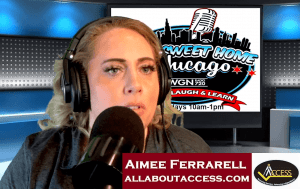A woman with blonde hair speaks into a microphone in a radio studio. Behind her is a Sweet Home Chicago logo and next to her is a red box displaying the name Aimee Ferrarell and the website allaboutaccess.com.