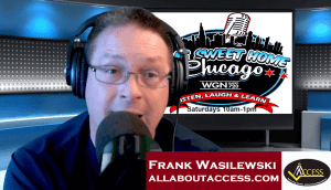 A man with glasses speaks into a microphone in a radio studio. Behind him is a Sweet Home Chicago WGN Radio 720 sign. Text on the screen reads Frank Wasilewski allaboutaccess.com with the Access logo.