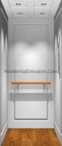 A small modern residential elevator interior with white paneled walls, recessed ceiling lights, a wooden fold-down bench, and wood flooring.