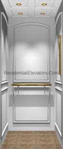 Interior of a residential elevator with white paneled walls, recessed ceiling lights, a wooden handrail, and a beige tiled floor. The space is clean and modern in design.