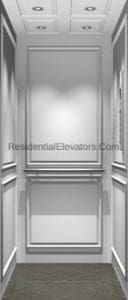 A modern residential elevator interior with white paneled walls, recessed ceiling lights, a handrail, and dark flooring. The image appears to be a digital rendering.