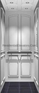 Interior of a modern residential elevator cabin with white paneled walls, recessed ceiling lights, a handrail, and a dark tiled floor.