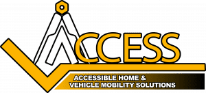 Logo for Access, featuring a large stylized A with geometric lines above the word ACCESS in bold yellow letters. Below, a black and gold gradient banner reads: ACCESSIBLE HOME & VEHICLE MOBILITY SOLUTIONS.