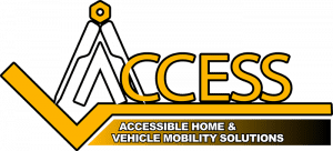 Logo for Access: Accessible Home & Vehicle Mobility Solutions featuring a large yellow A with a geometric design and bold yellow and black text on a white background.