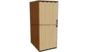 A small rectangular wood-paneled home elevator with an accordion-style beige folding door and a black handle.
