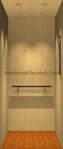 A small residential elevator interior with light wood paneling, a wooden handrail, recessed ceiling lights, and a wood-patterned floor.