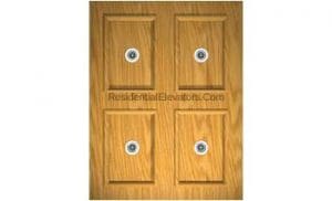 A wooden door with four rectangular panels, each panel featuring a peephole in the center. The door has a light brown wood grain finish.