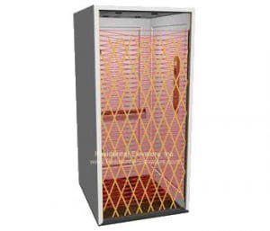 A rectangular metal walk-through device with orange crisscross light beams inside, resembling a security or disinfectant scanner, with a transparent front panel.