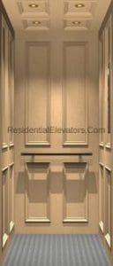 Interior of a residential elevator with beige paneled walls, recessed ceiling lights, a handrail, and a blue patterned floor. The text ResidentialElevators.com is visible on the back wall.