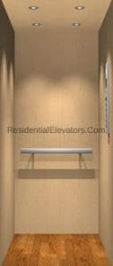 Modern residential elevator interior with light wood panel walls, wood floor, metal handrail, mirrors, and recessed ceiling lights. The overall design is minimalistic and clean.