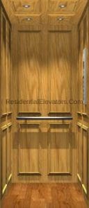 Interior of a residential elevator with wood-paneled walls, matching wooden trim, and a wood floor. Three small recessed ceiling lights illuminate the space.