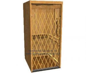 A small wooden residential elevator with an accordion-style folding gate partially closed, revealing the interior with handrails on the sides.