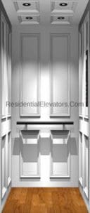 Elegant residential elevator interior with white paneled walls, a wood floor, two small wall shelves, a horizontal handrail, and recessed ceiling lights.
