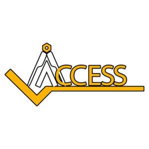 Logo with the word “ACCESS” in yellow. The first “A” is styled as a geometric compass, and a yellow checkmark runs underneath the text. The design has a technical and modern appearance.