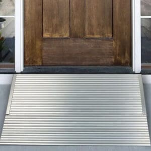 The Aluminum Threshold Ramps by National Ramp provide a grooved, metallic surface at your door base for smooth, accessible entry and easy transition from outdoors to raised thresholds.