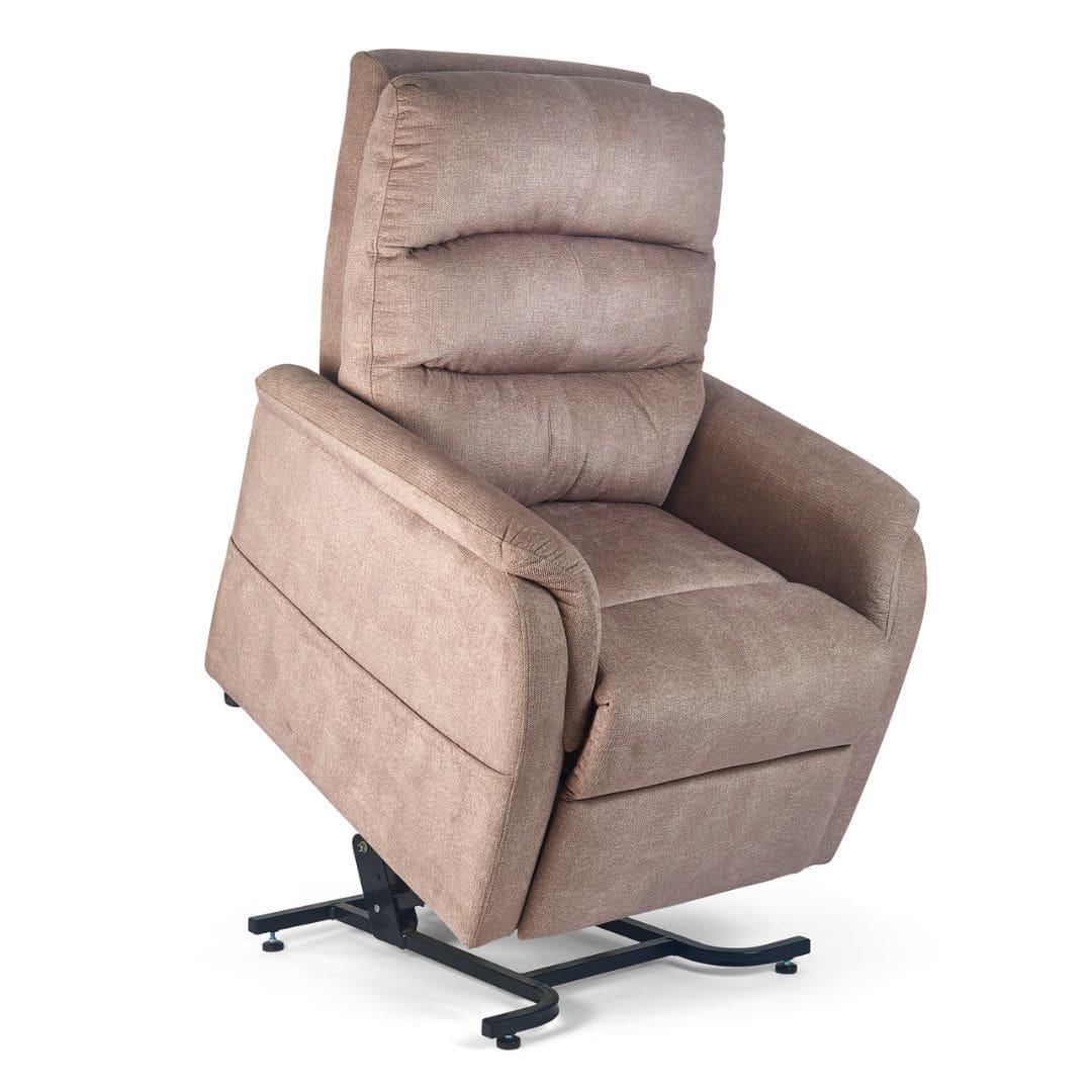 The Elara Large Lift Chair by Golden Technologies is a brown upholstered, heavy-duty recliner with padded armrests and backrest on a black metal base, designed to assist users in standing and provide comfortable lift support. The Elara Large Lift Chair by Golden Technologies is a brown upholstered, heavy-duty recliner with padded armrests and backrest on a black metal base, designed to assist users in standing and provide comfortable lift support.