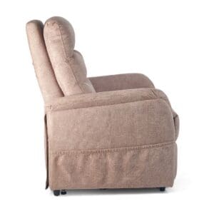 Side view of the Elara Large - Lift Chair by Golden Technologies in beige, featuring a high backrest, padded armrests, and plush cushions, set against a white background.