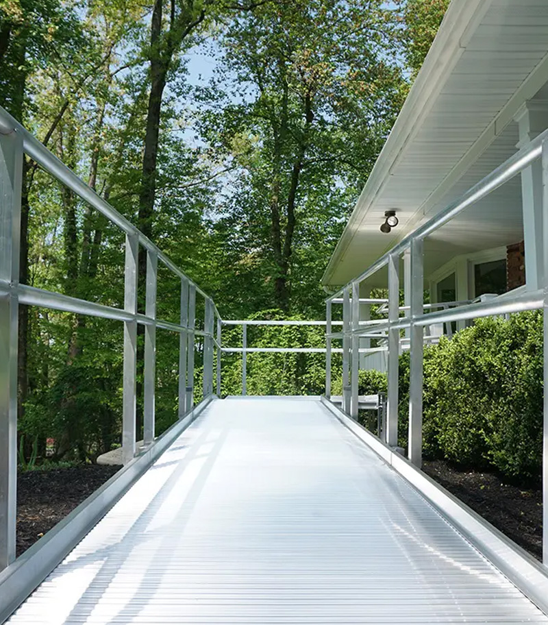 Straight-ahead look at aluminum residential ramp with solid decking for excellent traction and extra strength