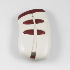 A white and maroon Open Sesame remote control with four oval buttons, designed for Automatic Door Openers by Open Sesame, is shown on a plain white surface.