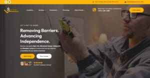 A close-up of a technician’s hands installing or repairing a device, with website text promoting accessibility solutions such as stair lifts and ramps. Header includes contact details and menu, with yellow call-to-action buttons.