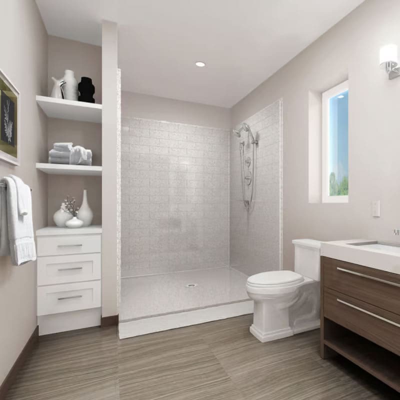 Modern bathroom featuring the Roll-In Shower by Best Bath, with barrier-free access, white tiled walls, toilet, wooden vanity sink, open shelves with towels and decor, small window, and beige wall and floor—ideal for residential accessibility needs. Modern bathroom featuring the Roll-In Shower by Best Bath, with barrier-free access, white tiled walls, toilet, wooden vanity sink, open shelves with towels and decor, small window, and beige wall and floor—ideal for residential accessibility needs.