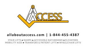 Logo for All About Access featuring a stylized letter A with a ruler and compass, the website allaboutaccess.com, phone number 1-844-455-4387, and a list of accessibility services.