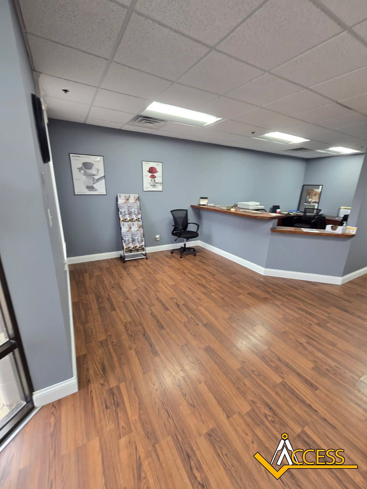 A reception area with wood flooring, a gray wall, a counter with office supplies, an empty office chair, a brochure stand, and framed art on the wall. ACCESS logo in the bottom right corner highlights Decatur Accessibility.