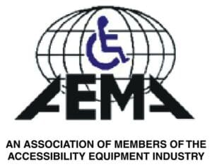 Logo with a globe featuring a blue wheelchair symbol above the bold letters AEMA. Below, text reads: AN ASSOCIATION OF MEMBERS OF THE ACCESSIBILITY EQUIPMENT INDUSTRY, INCLUDING ELEVATOR MANUFACTURERS PARTNERS.