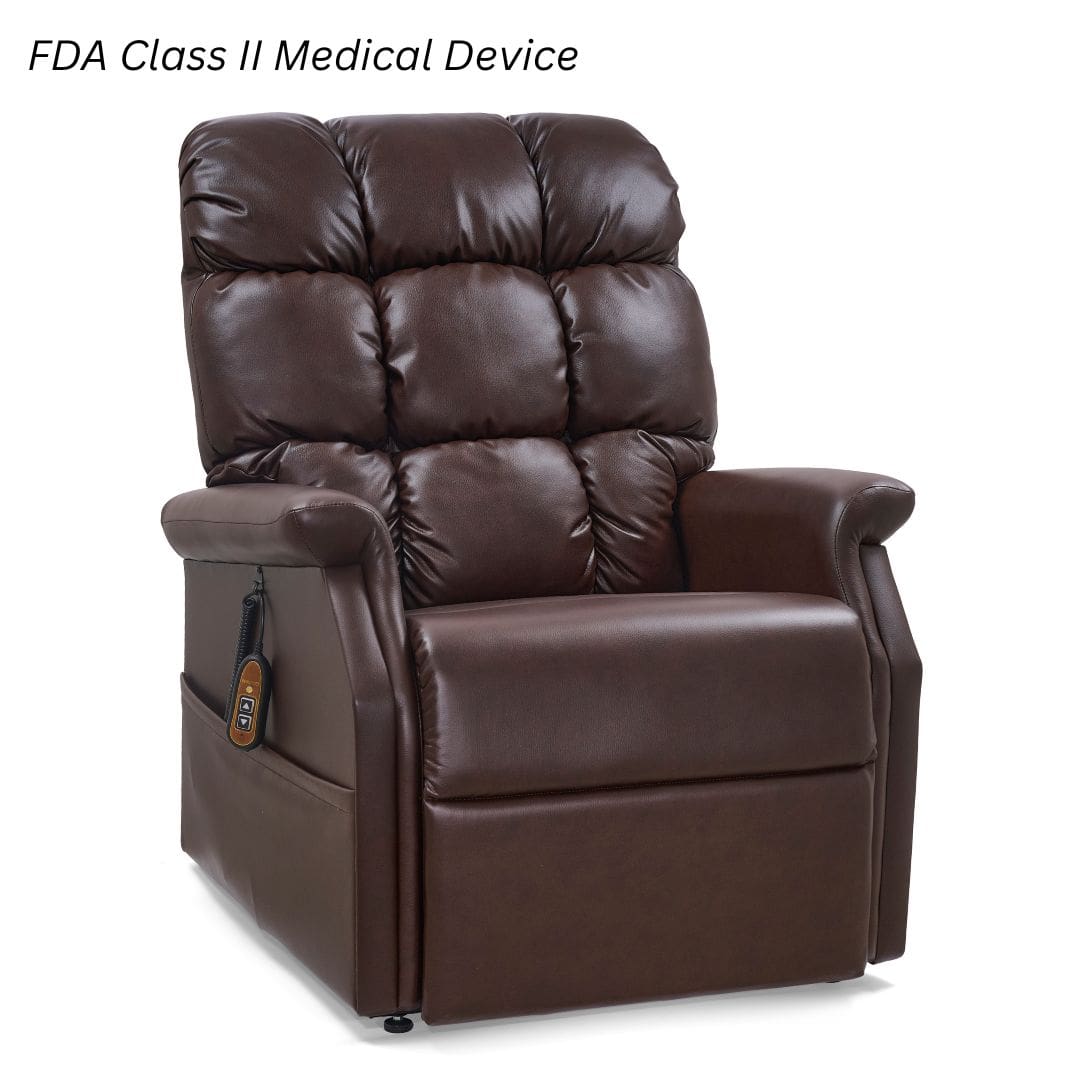 The Cambridge Large Lift Chair by Golden Technologies is a brown leather recliner with tufted backrest and armrests, featuring a side control remote. FDA Class II Medical Device is noted at the top. The Cambridge Large Lift Chair by Golden Technologies is a brown leather recliner with tufted backrest and armrests, featuring a side control remote. FDA Class II Medical Device is noted at the top.