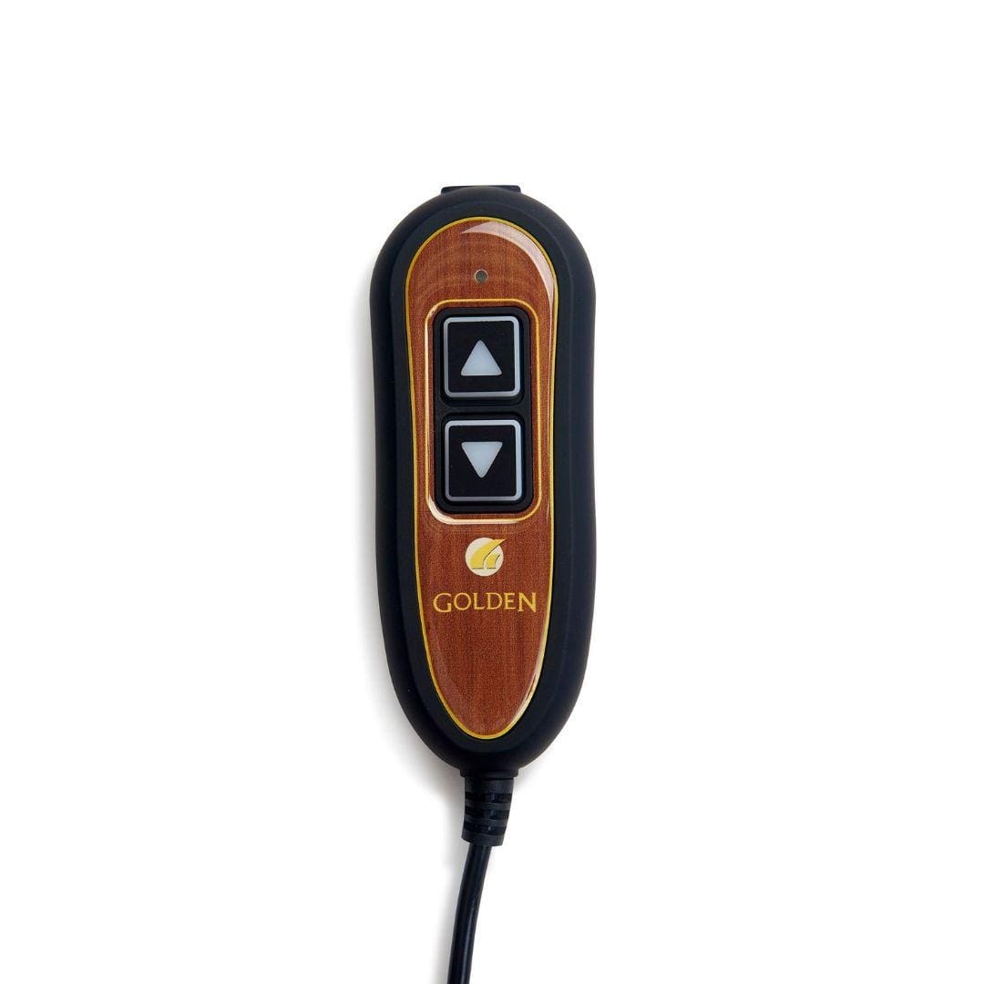 A handheld remote for the Cambridge Large - Lift Chair by Golden Technologies features a faux wood finish, two black buttons with white up/down arrows, "GOLDEN" and a gold logo below, plus a black cord extending from the bottom. A handheld remote for the Cambridge Large - Lift Chair by Golden Technologies features a faux wood finish, two black buttons with white up/down arrows, "GOLDEN" and a gold logo below, plus a black cord extending from the bottom.