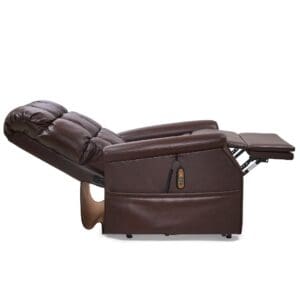 A brown Cambridge Large - Lift Chair by Golden Technologies is shown fully reclined with the footrest extended and a remote control attached to its side pocket.