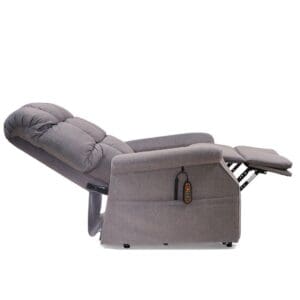 A Cambridge Large - Lift Chair by Golden Technologies, upholstered in gray, is displayed fully reclined with its footrest extended and a remote control hanging on the side.