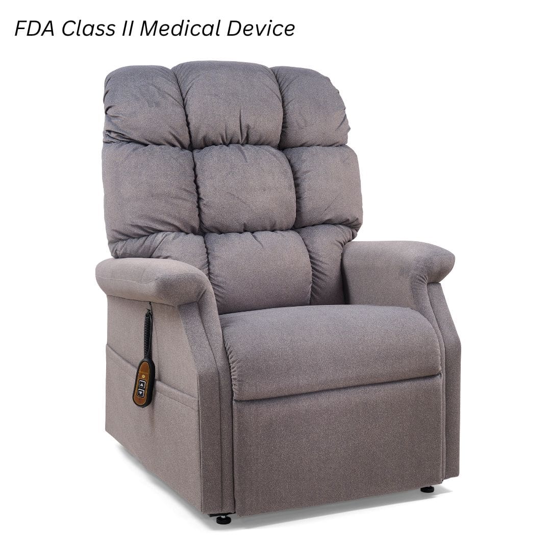 The Cambridge Medium - Lift Chair by Golden Technologies is a gray upholstered power recliner with plush padding, an attached remote control, and is an FDA Class II Medical Device—perfect as a home recliner with lift for comfort and convenience. The Cambridge Medium - Lift Chair by Golden Technologies is a gray upholstered power recliner with plush padding, an attached remote control, and is an FDA Class II Medical Device—perfect as a home recliner with lift for comfort and convenience.
