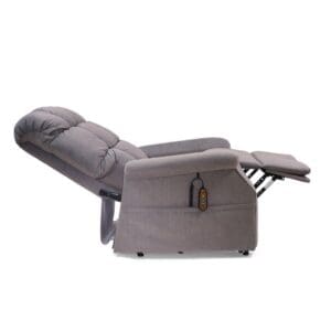 The Cambridge Medium - Lift Chair by Golden Technologies is a gray upholstered adjustable comfort chair that fully reclines and features a side-attached remote control for easy seat adjustments.