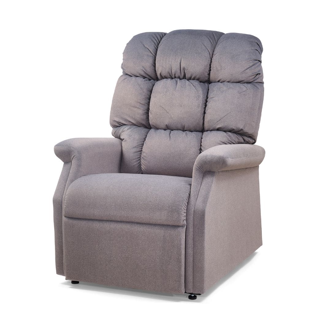 The Cambridge Medium Lift Chair by Golden Technologies features a plush light gray finish, high tufted backrest, padded armrests, soft cushioned seat, and a flat base for modern style and effortless reclining comfort. The Cambridge Medium Lift Chair by Golden Technologies features a plush light gray finish, high tufted backrest, padded armrests, soft cushioned seat, and a flat base for modern style and effortless reclining comfort.