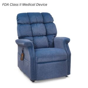 A blue Cambridge Small - Lift Chair by Golden Technologies, upholstered with padded back and armrests, includes a side remote control. "FDA Class II Medical Device" is displayed in the top left corner.