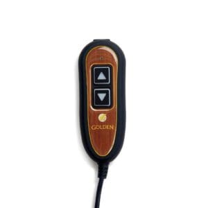A remote control for the Cambridge Small - Lift Chair by Golden Technologies, featuring a wood-look finish, two black and white arrow buttons (up and down), the word GOLDEN below, and an attached black cord.