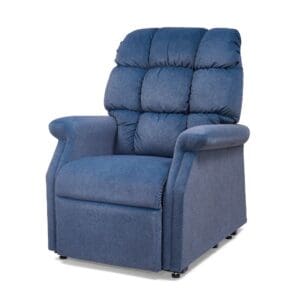 The Cambridge Small - Lift Chair by Golden Technologies is a plush blue power recliner with padded armrests, a tufted backrest, and small black wheels, shown against a white background.
