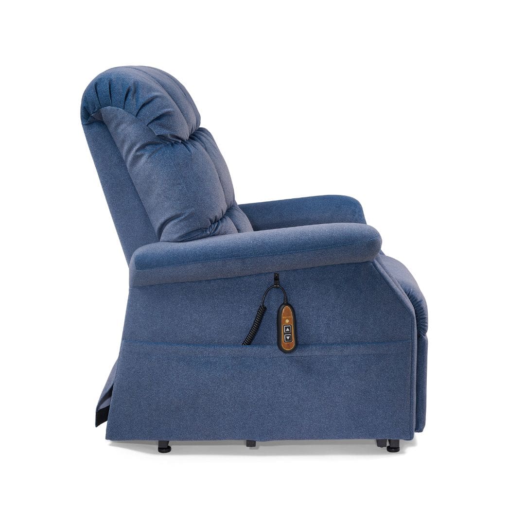 The Cambridge Small - Lift Chair by Golden Technologies is a blue upholstered power recliner with padded armrests and backrest, shown from the side. It features a corded remote for easy adjustments, making it an ideal adjustable home recliner. The Cambridge Small - Lift Chair by Golden Technologies is a blue upholstered power recliner with padded armrests and backrest, shown from the side. It features a corded remote for easy adjustments, making it an ideal adjustable home recliner.